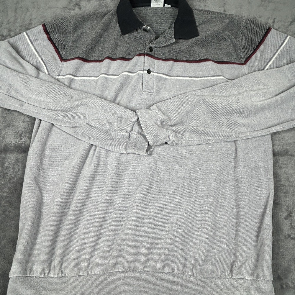 Pierre Cardin Mens XLT Grey Striped Long Sleeve Polo Shirt Textured Knit Vintage